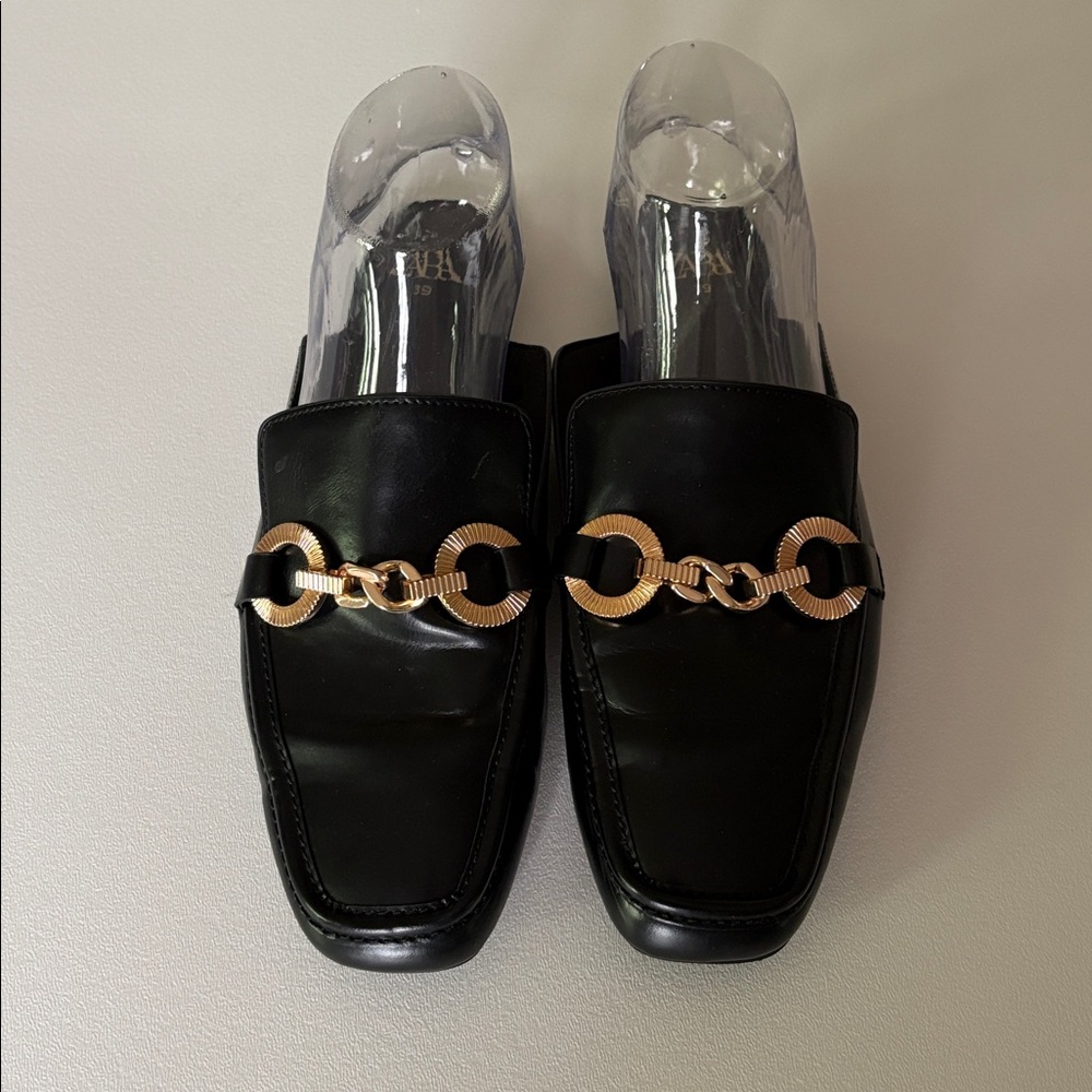 Zara Gold Chain Loafer Mules in Black Slip On Dressy Casual Classic Size 7.5